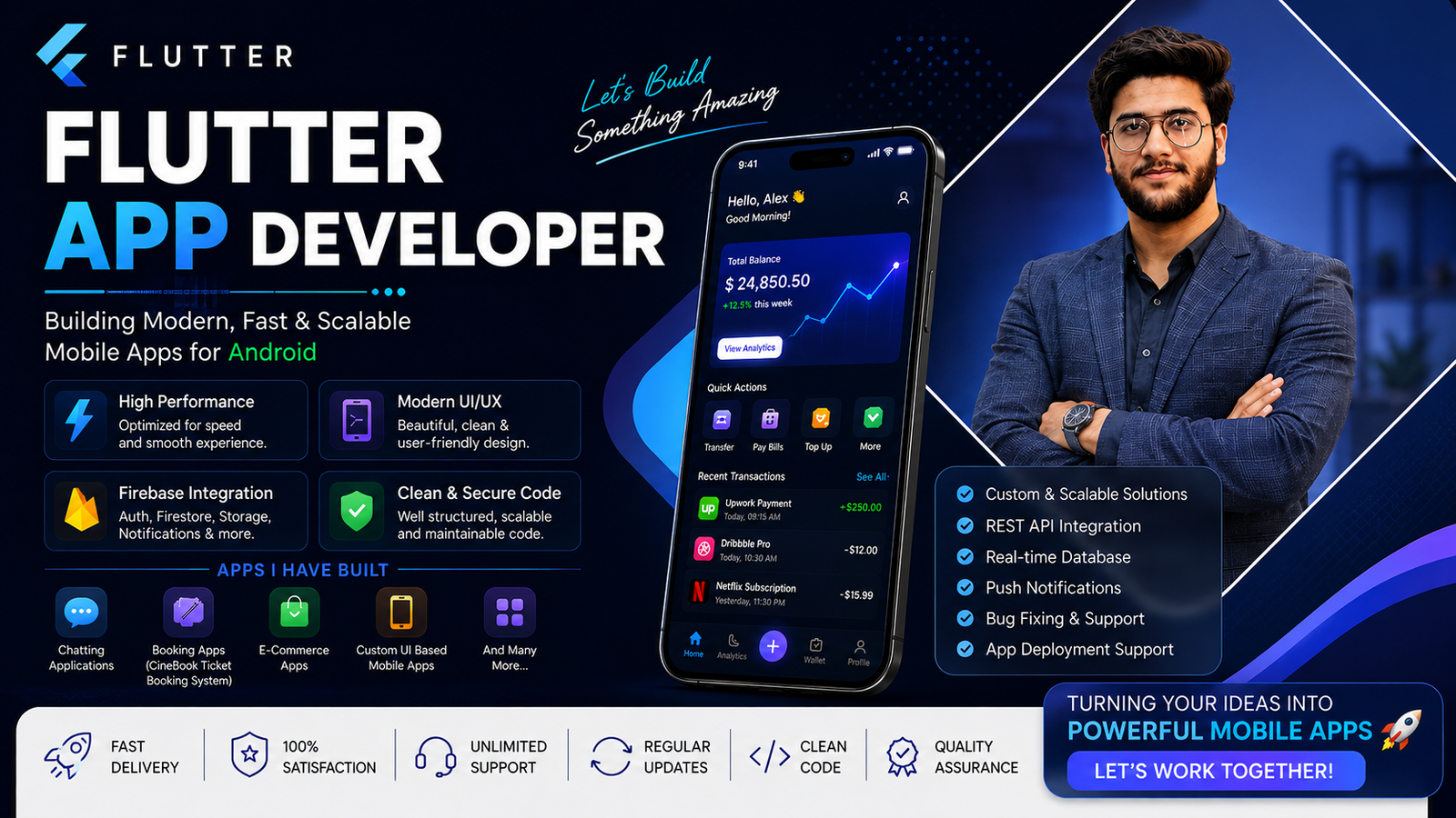 I will create a modern Custom mobile app with Flutter and Firebas